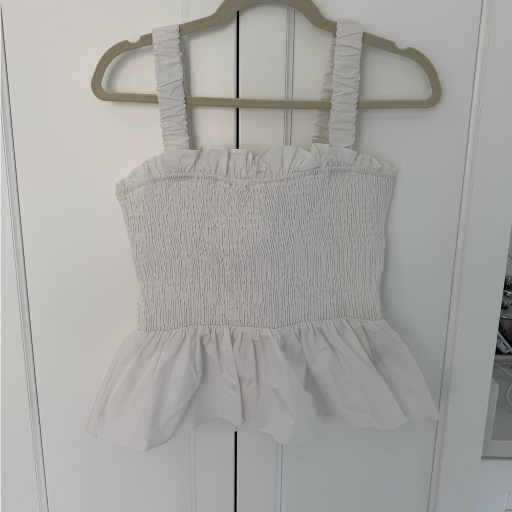 English Factory White Ruched Peplum Top